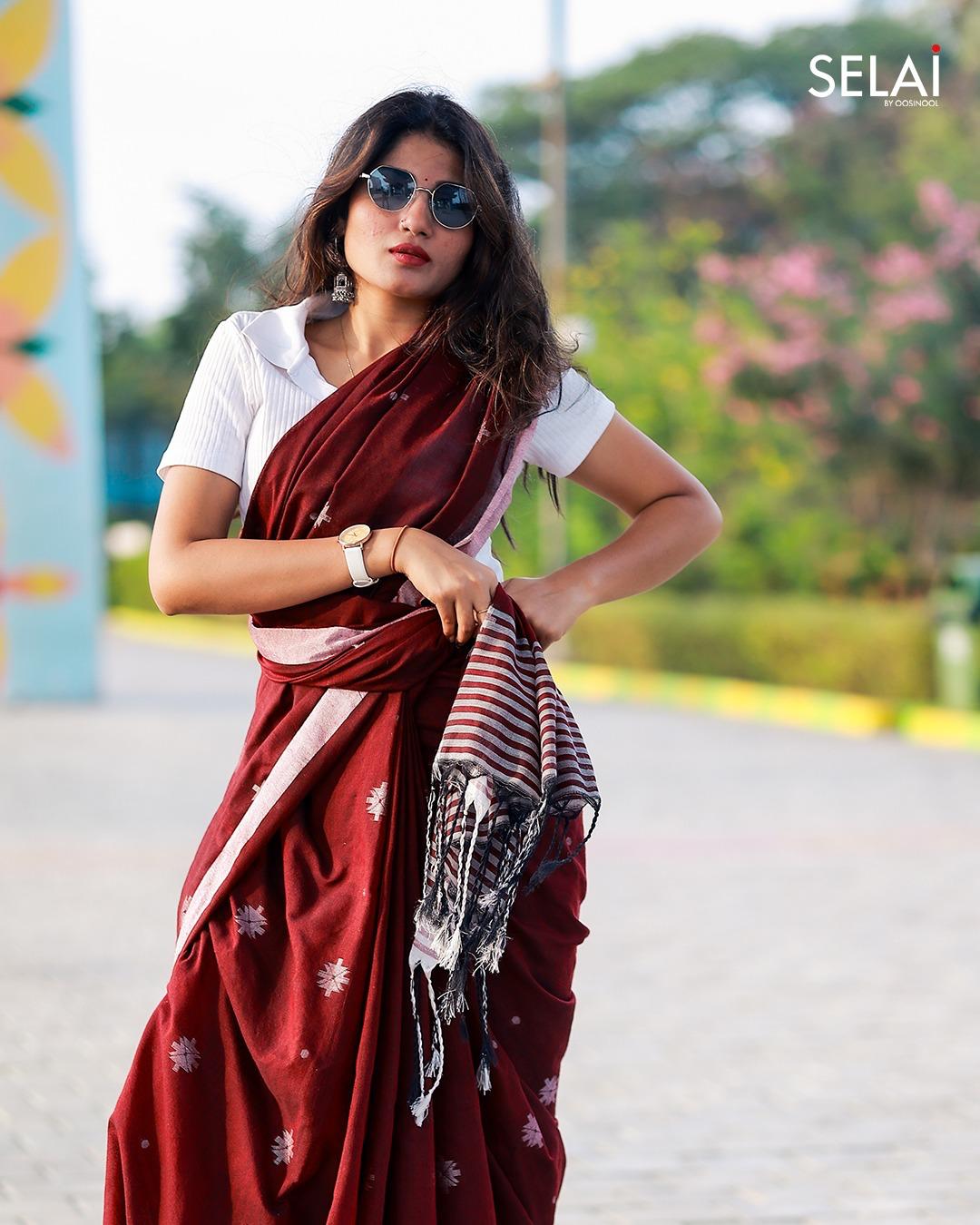 Diamond Mulmul Cotton Saree (Brown)