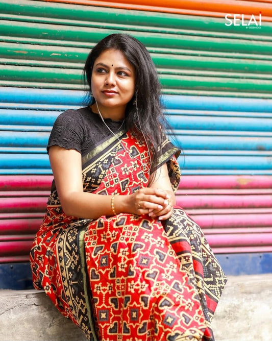 Ajrakh Print Cotton Saree (Red with Black)
