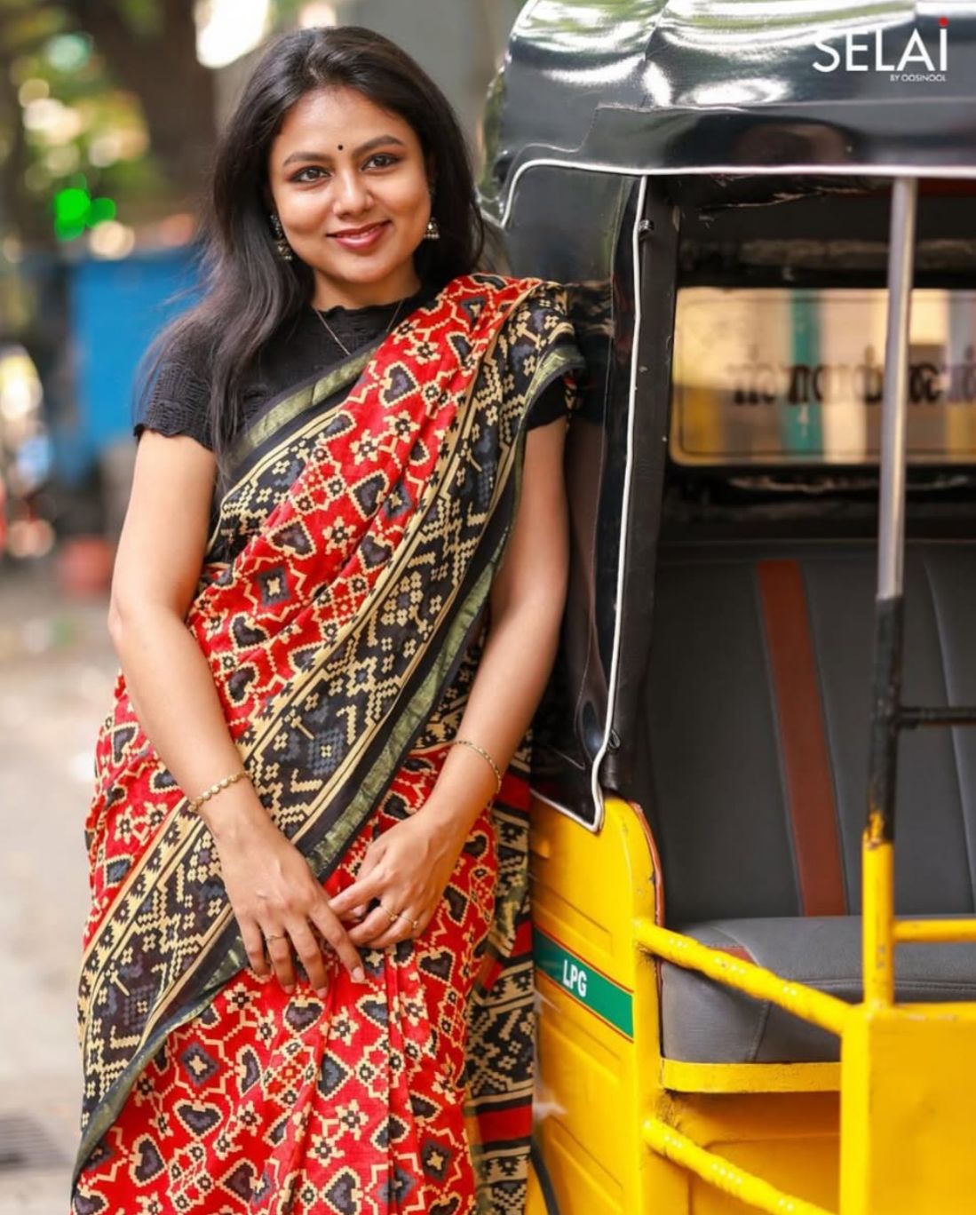 Ajrakh Print Cotton Saree (Red with Black)
