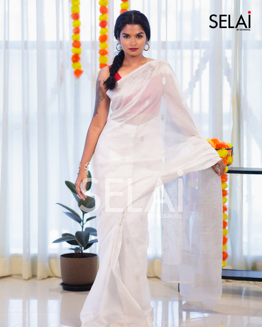 White Cotton with Silver Zari Buttas Saree